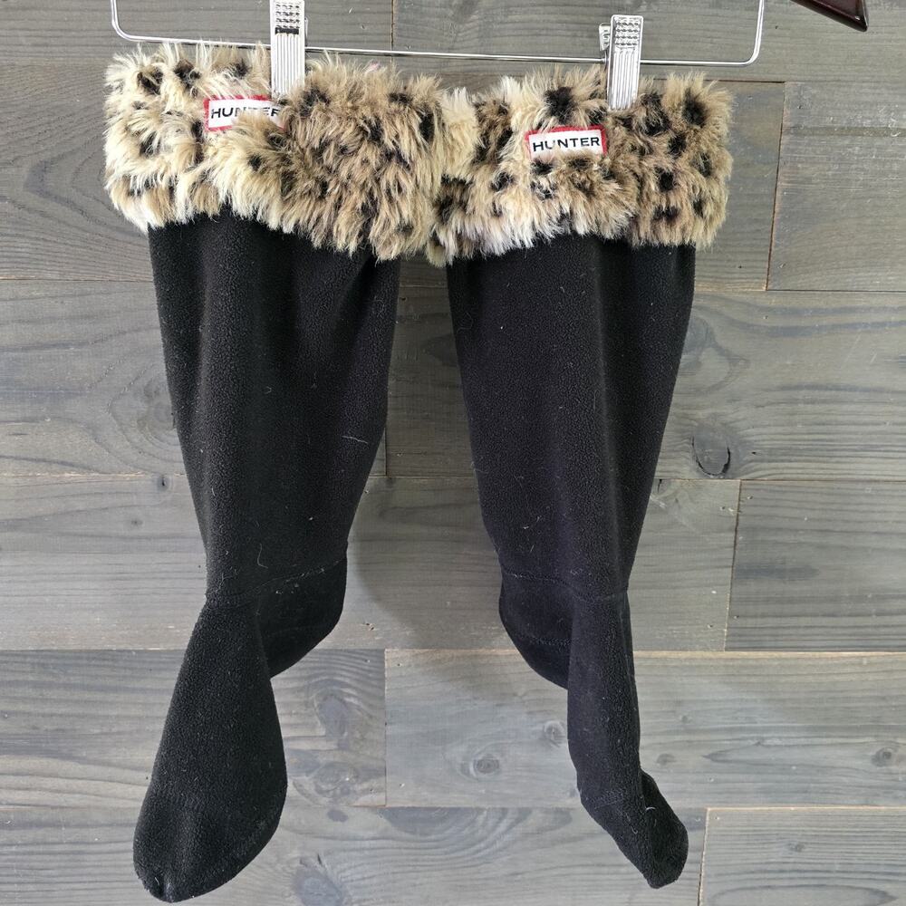 Pre-Owned Hunter Wellie Socks Black Fleece Faux Fur Leopard Cuff Size M 4-6